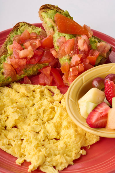 Scrambled Eggs, Avocado Toast and Fruit