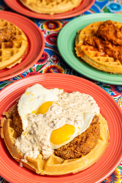 Dirty Bird - Chicken & Waffles Topped with Gravy and Egg Sunny-side Up
