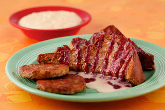 whole wheat french toast with raspberry coulis and crema