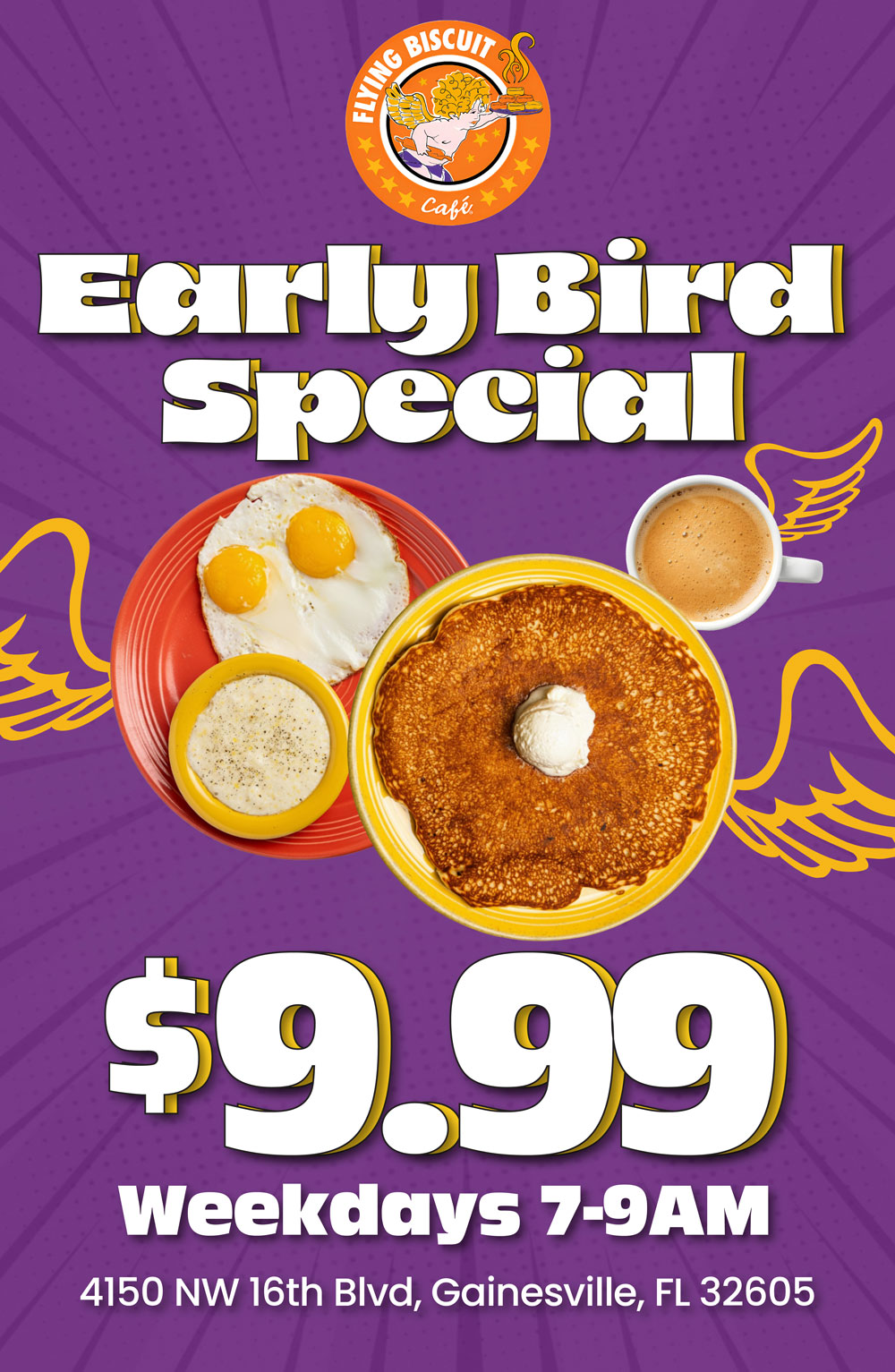 Early Bird Special $9.99. Weekdays 7-9am. 4150 NW 16th Blvd, Gainesville, Fl 32605.